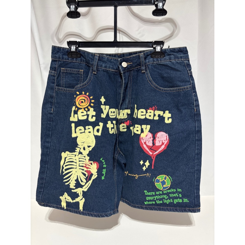 ROMWE Mens Denim Shorts Graffiti Graphic‎ Print Trendy Casual Streetwear